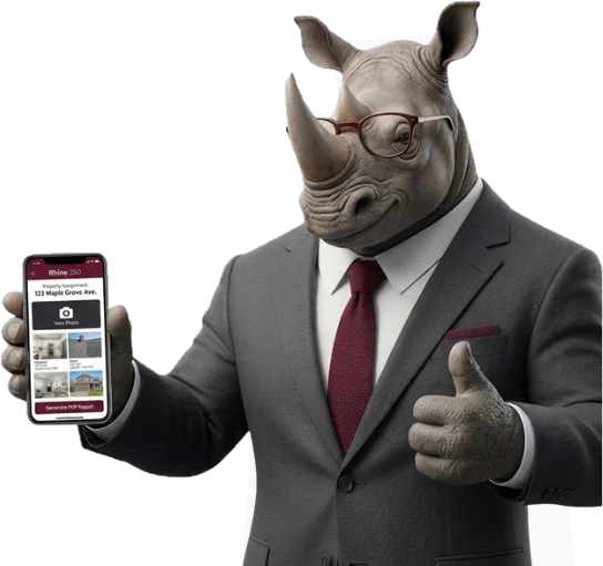 Reggie the Rhino holding the Rhino 360 inspection app on a smartphone