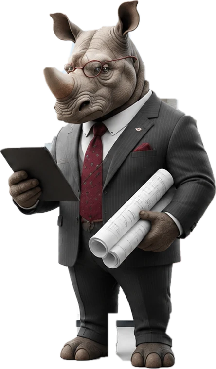 Reggie the Rhino holding a tablet and property blueprints